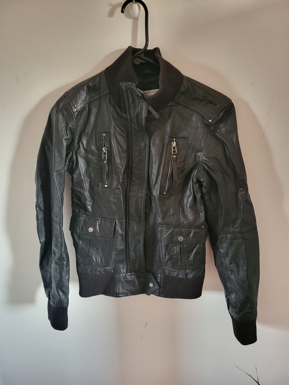 Women's Black Leather Bomber Jacket with Ribbed Trim